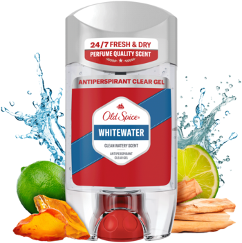 Biało-czerwony antyperspirant żelowy Old Spice Whitewater, otoczony limonkami, bursztynem i świeżą wodą, widok z przodu.