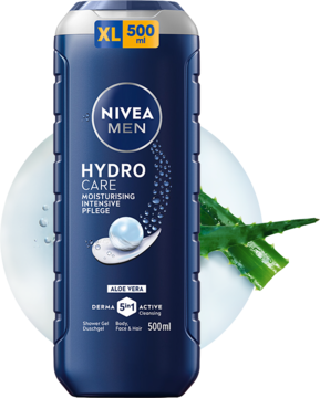 NIVEA MEN Hydro Care 3w1 żel z aloesem, ciemnoniebieska butelka XL 500ml, z białym logo i aloesem w tle.