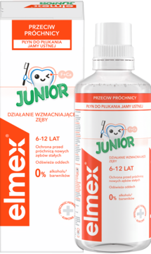 elmex Junior płyn do płukania ust przeciw próchnicy 6-12 lat, biała butelka i kartonik z logo i zębatym bohaterem.