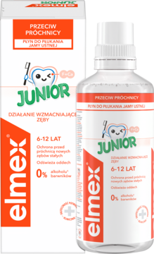 Pudełko i butelka Elmex Junior płyn do płukania jamy ustnej dla dzieci 6-12 lat, chroniący przed próchnicą.
