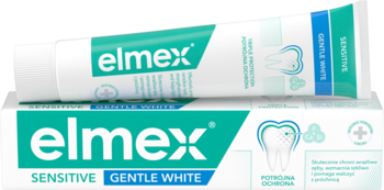 Dwie tubki pasty Elmex Sensitive Gentle White, wybielającej dla wrażliwych zębów, front i góra biało-zielonej tubki.