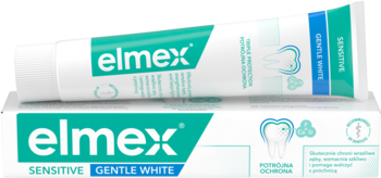 Biała tubka pasty Elmex Sensitive Gentle White na opakowaniu, z logo i opisem, do zębów wrażliwych, wybielająca.