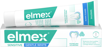 Pasta elmex Sensitive Gentle White: biała tuba leżąca na pudełku. Zielono-niebieskie akcenty, widok z przodu.