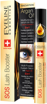 Eveline SOS Lash Booster 5w1 serum do rzęs. Złoto-beżowe pudełko i tubka z czerwonym logo Swiss recipe, przód.