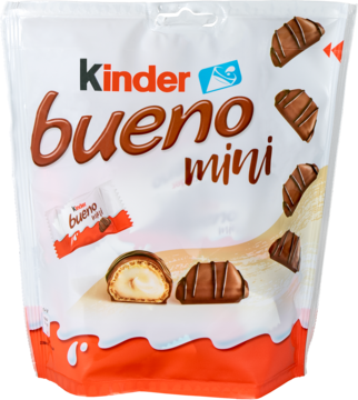Biała torebka Kinder Bueno mini, z wafelkami pokrytymi mleczną czekoladą i mleczno-orzechowym nadzieniem, widok z przodu.