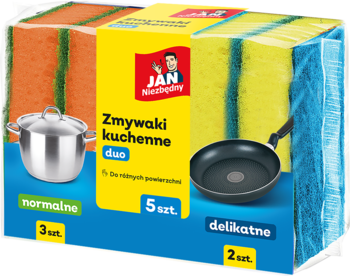 Zmywaki kuchenne Jan Niezbędny: 5 sztuk, normalne pomarańczowe i delikatne żółte, do garnków i patelni.