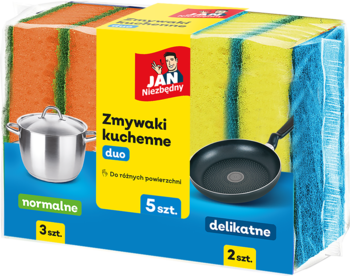 Zmywaki kuchenne Jan Niezbędny: 5 sztuk, normalne pomarańczowe i delikatne żółte, do garnków i patelni.