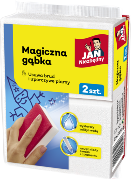 Przedni widok białego opakowania Magiczna gąbka Jan Niezbędny, 2 szt., do usuwania plam i zabrudzeń.