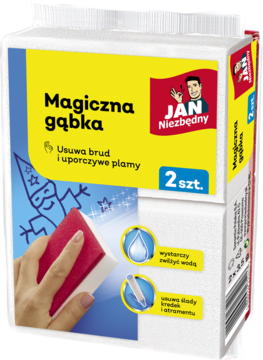 Przedni widok białego opakowania Magiczna gąbka Jan Niezbędny, 2 szt., do usuwania plam i zabrudzeń.