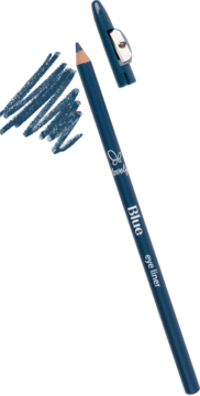 Granatowa kredka do oczu Blue Eyeliner z dołączoną temperówką, obok intensywnego śladu koloru.