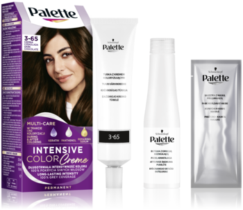 Kompletny zestaw farby do włosów Palette Intensive Color Creme 3-65: fioletowe pudełko, tubka, butelka, saszetka.