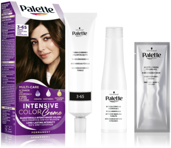 Kompletny zestaw farby do włosów Palette Intensive Color Creme 3-65: fioletowe pudełko, tubka, butelka, saszetka.