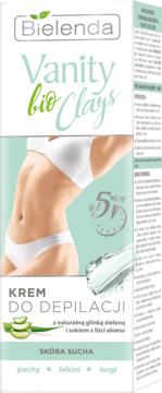 Bielenda Vanity bio Clays krem do depilacji z glinką i aloesem dla suchej skóry, widok opakowania z modelem i aplikacją.