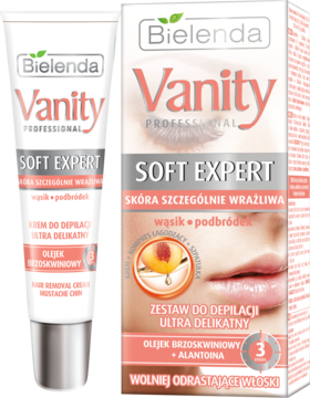 Bielenda Vanity Soft Expert zestaw do depilacji twarzy z brzoskwinią, na skórę wrażliwą, tubka i pudełko.