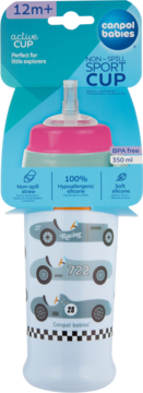 Light blue Canpol Babies non-spill sport cup for 12m+, in packaging, with pink lid and vintage car graphics.