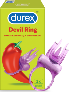 Durex Devil Ring, wibrująca nakładka w kształcie czerwonej papryczki chili, przed zielonym pudełkiem.