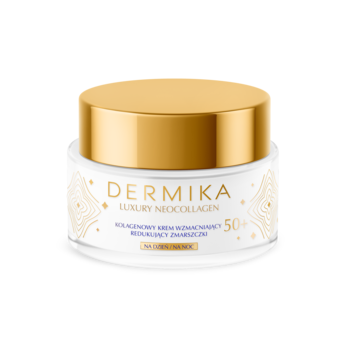 Krem Dermika Luxury Neocollagen 50+ wzmacniający, w białym słoiczku ze złotą zakrętką, widok z przodu.