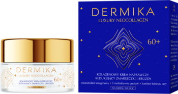 Dermika Luxury Neocollagen 60+ krem naprawczy redukujący zmarszczki, biały słoik i niebieskie pudełko.