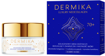 Krem odżywczy Dermika Neocollagen 70+ w białym słoiku ze złotym wieczkiem i granatowym pudełku.