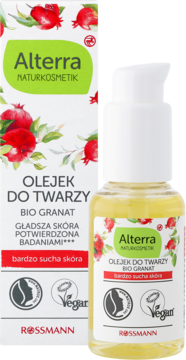 Alterra Olejek do twarzy Bio Granat w szklanej butelce z pompką i pudełku, z motywem granatu, dla skóry bardzo suchej.