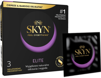 Czarne pudełko prezerwatyw Skyn Elite nielateksowych (3 szt.), z fioletem i złotem, obok folia prezerwatywy.