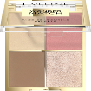 Eveline Wonder Match paleta do konturowania z 4 pudrami: beżowym, różowym, brązowym i rozświetlaczem, widok z góry.