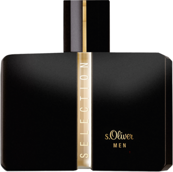 Czarne perfumy s.Oliver SELECTION Men w eleganckiej, prostokątnej butelce ze złotym pasem. Widok z przodu.