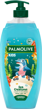 Palmolive Kids delikatny żel do kąpieli z delfinem na rolkach w niebieskiej butelce z pompką.