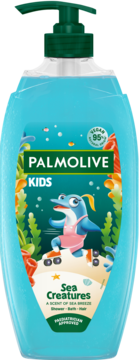 Palmolive Kids delikatny żel do kąpieli z delfinem na rolkach w niebieskiej butelce z pompką.