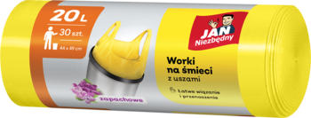 Żółte, zapachowe worki na śmieci JAN Niezbędny 20L z uszami, w rolce, widok z przodu.