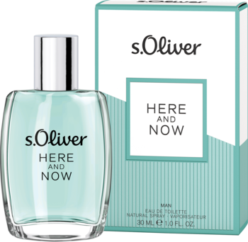 S.Oliver HERE AND NOW męska woda toaletowa w turkusowej butelce i pasującym pudełku, widok z przodu.
