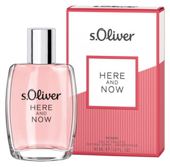 Perfumy damskie s.Oliver HERE AND NOW, różowa butelka wody toaletowej z srebrną nakrętką, obok pudełka.