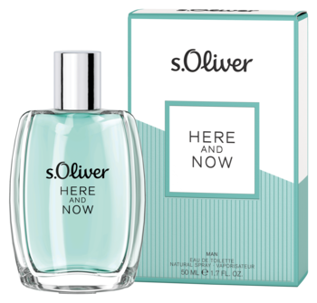 s.Oliver HERE AND NOW męska woda toaletowa, jasnoniebieska szklana butelka z logo i biało-niebieskie pudełko.