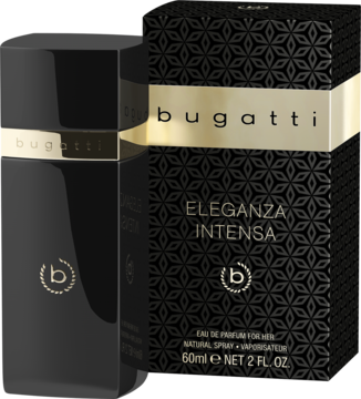 Bugatti Eleganza Intensa męska woda perfumowana, czarna butelka i pudełko ze złotymi detalami, ujęcie przodem.