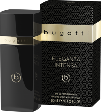 Bugatti Eleganza Intensa, czarne perfumy męskie 60ml. Błyszcząca butelka i pudełko ze złotymi akcentami, widok z przodu.