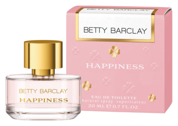 Betty Barclay Happiness Eau de Toilette, przezroczysta butelka ze złotym korkiem i różowe pudełko.