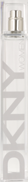 DKNY Original Women Energizing EDT, wysoka, przezroczysta, prostokątna butelka z napisem DKNY WOMEN.
