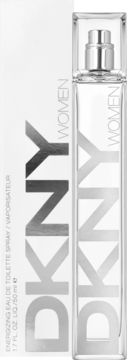 DKNY Women Energizing woda toaletowa 50ml. Białe pudełko i przezroczysta butelka z srebrnym logo DKNY.