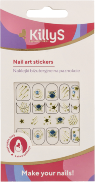 Białe opakowanie naklejek KillyS Nail art stickers z motywem kosmosu, złotymi gwiazdami i planetami, widok z przodu.