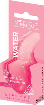 Bielenda Lip Care Sleeping Mask 2w1 arbuzowy balsam do ust + maska na noc, różowe opakowanie z efektem płynu, widok z przodu.