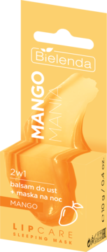 Bielenda Lip Care Sleeping Mask Mango, żółta pionowa opakowanie 2w1 balsam i maska na noc, widok przód.