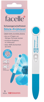 facelle Schwangerschaftstest Stick-Frühtest w różowym pudełku z niebieskim kwiatem i biało-niebieski test, widok przód.