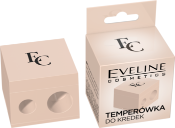 Różowa temperówka Eveline Cosmetics do kredek o dwóch grubościach, widoczna luzem i w beżowym pudełku.