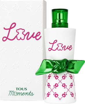 Tous Love Moments damska woda toaletowa. Biała butelka z zielonym korkiem i kokardą, obok białe pudełko z napisem Love.