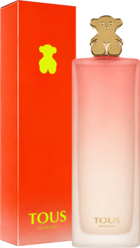 Tous NeonCandy perfumy. Różowo-beżowa butelka z misiem Tous, obok pomarańczowe pudełko z neonowym logo.
