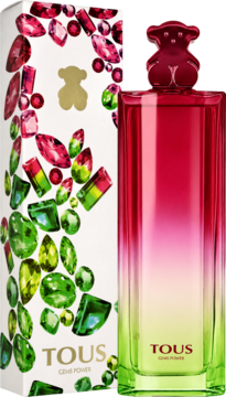 Kwiatowo-owocowe perfumy Tous Gems Power. Czerwono-zielony flakon z misiem i białe pudełko w kolorowe klejnoty.