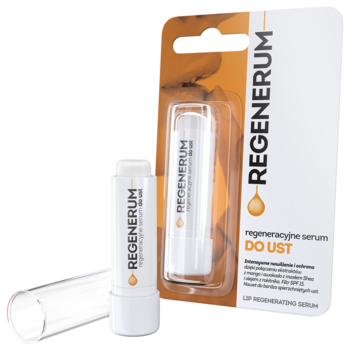 Regenerum regeneracyjne serum do ust, biały sztyft z wysuniętym serum, obok oryginalne opakowanie, na ciemnym tle.