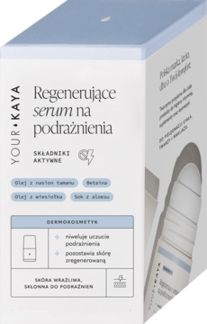 Biało-błękitne opakowanie serum YOUR KAYA na podrażnienia dla skóry wrażliwej, widok z przodu i z boku.