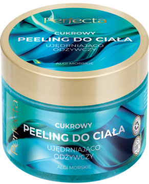 Perfecta Cukrowy Peeling do Ciała z Algami Morskimi w turkusowym słoiku ze złotą nakrętką, widok z przodu.