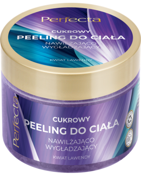 Perfecta cukrowy peeling do ciała, lawendowy i nawilżający, fioletowy słoik, widok przód.